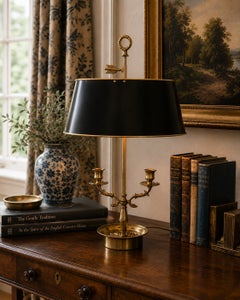 French Provincial Brass Double Dolphin Bouillotte Lamp With Black Tole Shade
