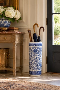 Vintage Chinoiserie Blue and White Porcelain Umbrella Stand