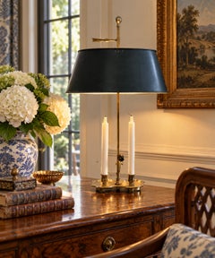 French Provincial Brass Bouillotte Lamp With Black Tole Shade