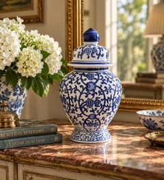 Chinoiserie Blue and White Porcelain Ginger Jar, Late 20th Century