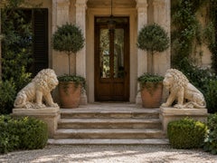 Pair of Monumental Neoclassical Cast Stone Garden Lion Statues