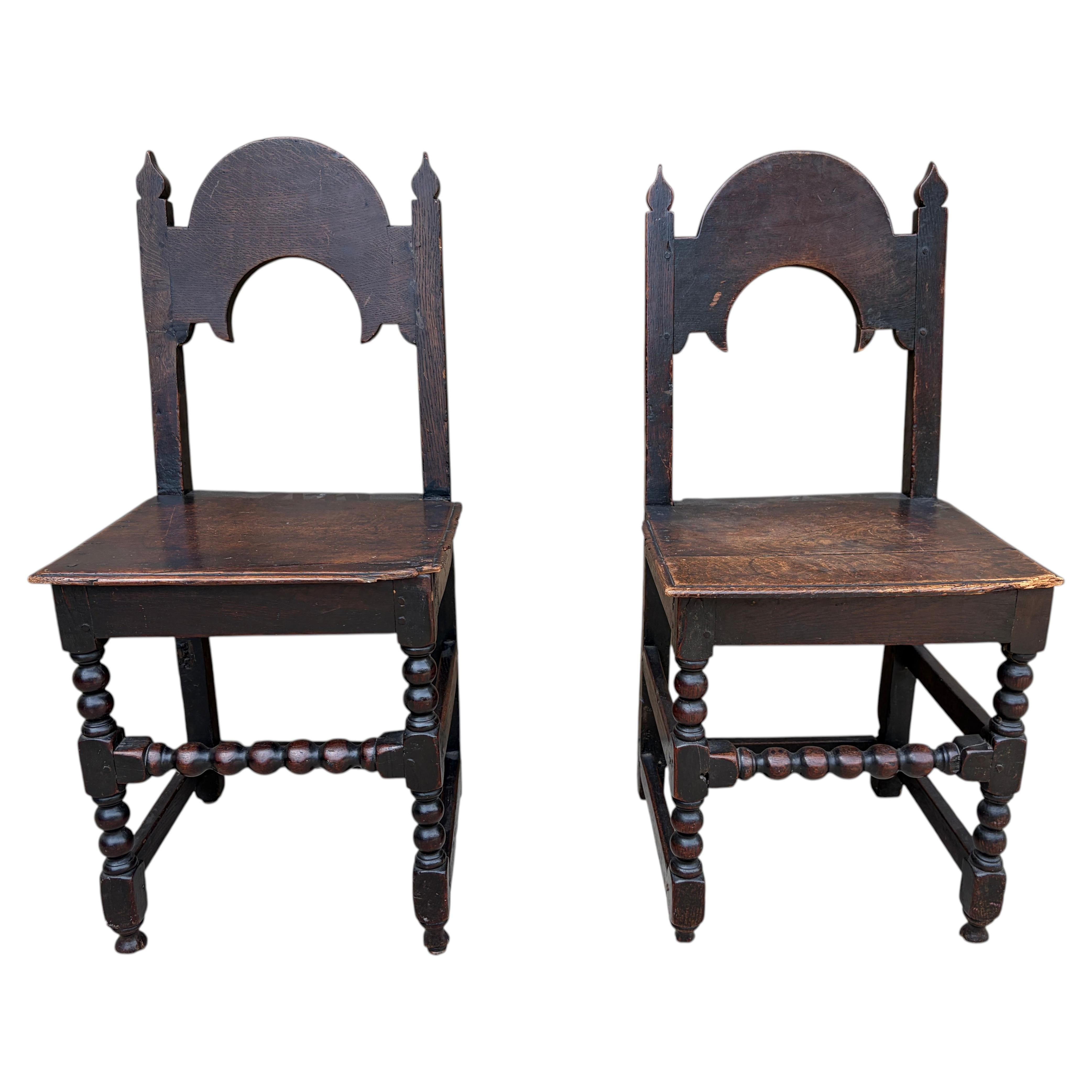 Pair of 17th Century English Yorkshire Oak Backstool Chairs For Sale