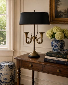English Country Brass Horn Bouillotte Lamp with Black Tole Shade