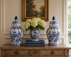 Chinoiserie Large Blue and White Porcelain Ginger Jars, Pair