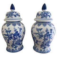 Chinoiserie Large Blue and White Porcelain Ginger Jars, Pair