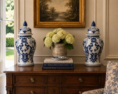 Chinoiserie Large Blue and White Porcelain Ginger Jars, Pair