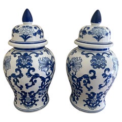Chinoiserie Large Blue and White Porcelain Ginger Jars, Pair