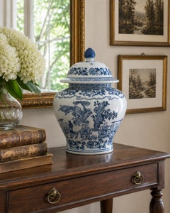 Chinoiserie Large Blue and White Porcelain Covered Jar