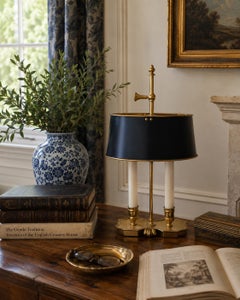 Mid-Century Brass Two-Light Bouillotte Lamp with Black Tole Shade