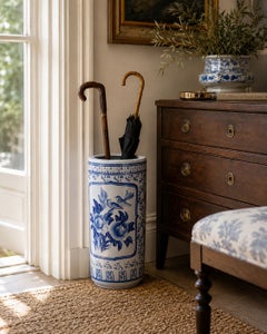 Vintage Chinoiserie Blue and White Porcelain Umbrella Stand