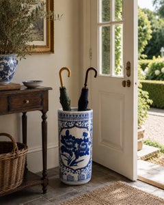 Vintage Chinoiserie Blue and White Porcelain Umbrella Stand