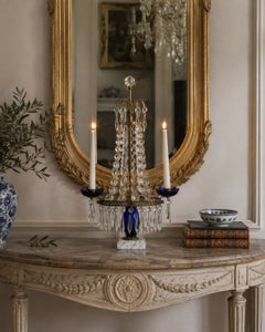 Gustavian Brass and Crystal Girandole with Cobalt Glass and Marble