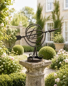 Vintage English Country Iron Garden Armillary Sundial- Outdoor Estate Decor