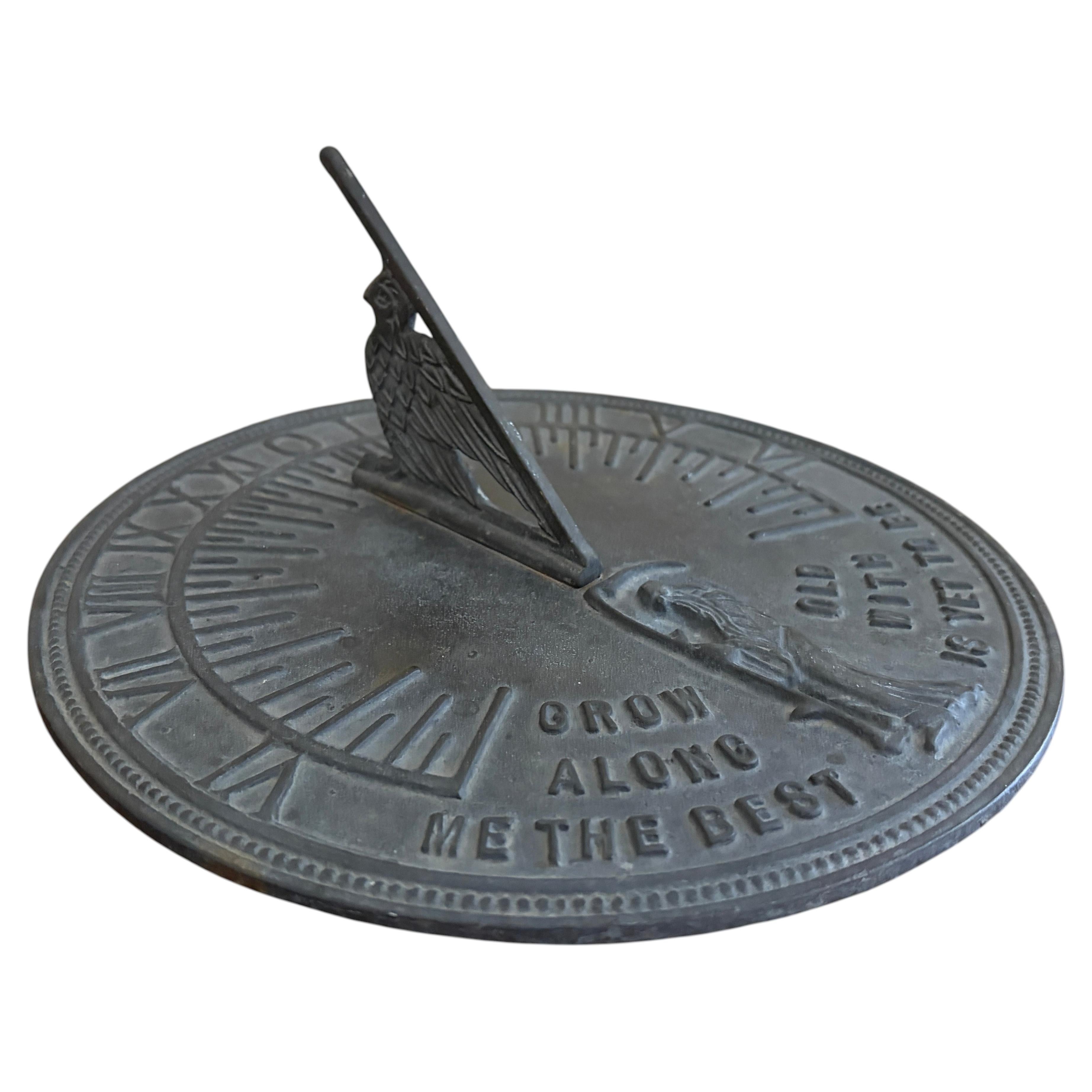 Vintage English Country Iron Garden Sundial "Grow Old Along With Me" For Sale
