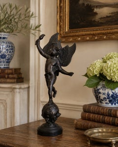 Decorative Crafts Neoclassical Bronze-Finish Winged Putto Sculpture