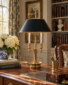 English Regency Brass Bouillotte Lamp with Adjustable Black Tole Shade