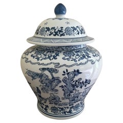 Chinoiserie Large Blue and White Porcelain Covered Jar