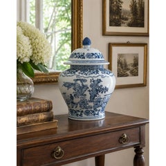 Chinoiserie Large Blue and White Porcelain Covered Jar
