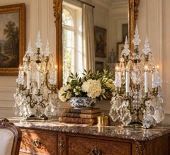 Pair of French Brass and Crystal Six-Light Girandoles, Early 20th Century