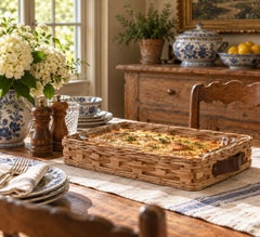 Late 20th Century Woven Oak and Leather Pyrex Casserole Serving Basket