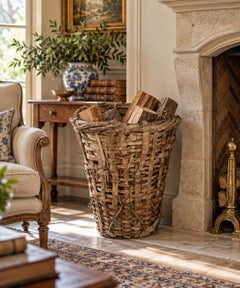19th Century French Splint Oak Harvest Basket with Animal Hide