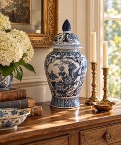 Chinoiserie Large Blue and White Porcelain Ginger Jar