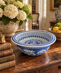 Chinoiserie Blue and White Porcelain Large Decorative Bowl with Koi Fish Motif