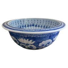 Chinoiserie Blue and White Porcelain Large Decorative Bowl with Koi Fish Motif