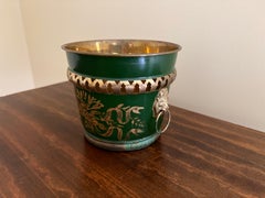 French Neoclassical Tole Green & Gold Cachepot Planter Vase With Lion Heads
