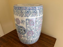 Chinoiserie Floral Blue, White, and Pink Porcelain Garden Stool or Side Table