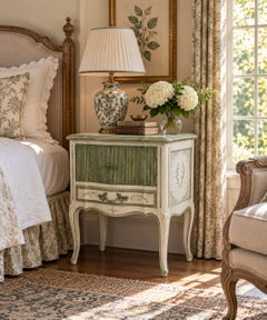 Mid-Century French Provincial Painted Walnut Nightstand in Cream and Green