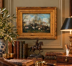 Antique Continental European Cavalry Battle Oil Painting on Copper
