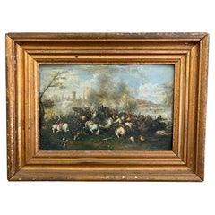 Antique Continental European Cavalry Battle Oil Painting on Copper