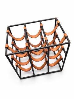 Arthur Umanoff Nine-Bottle Iron and Leather Wine Rack, 1950s