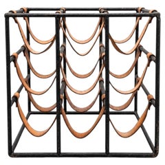 Arthur Umanoff Nine-Bottle Iron and Leather Wine Rack, 1950s