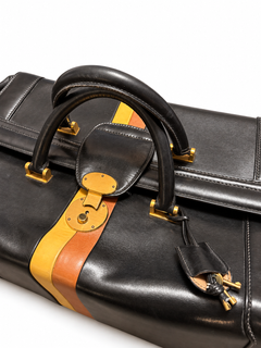 Vintage Gucci Black Leather Travel Bag with Yellow and Orange Stripe, Italy, cir