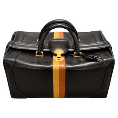Vintage Gucci Black Leather Travel Bag with Yellow and Orange Stripe, Italy, cir