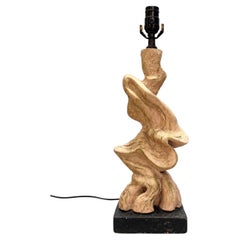 Mid-Century Sculptural Faux Driftwood Ceramic Table Lamp on Black Base, circa