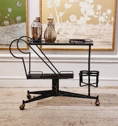 Retro Rare French Midcentury Bar Cart, Steel with Brass Details