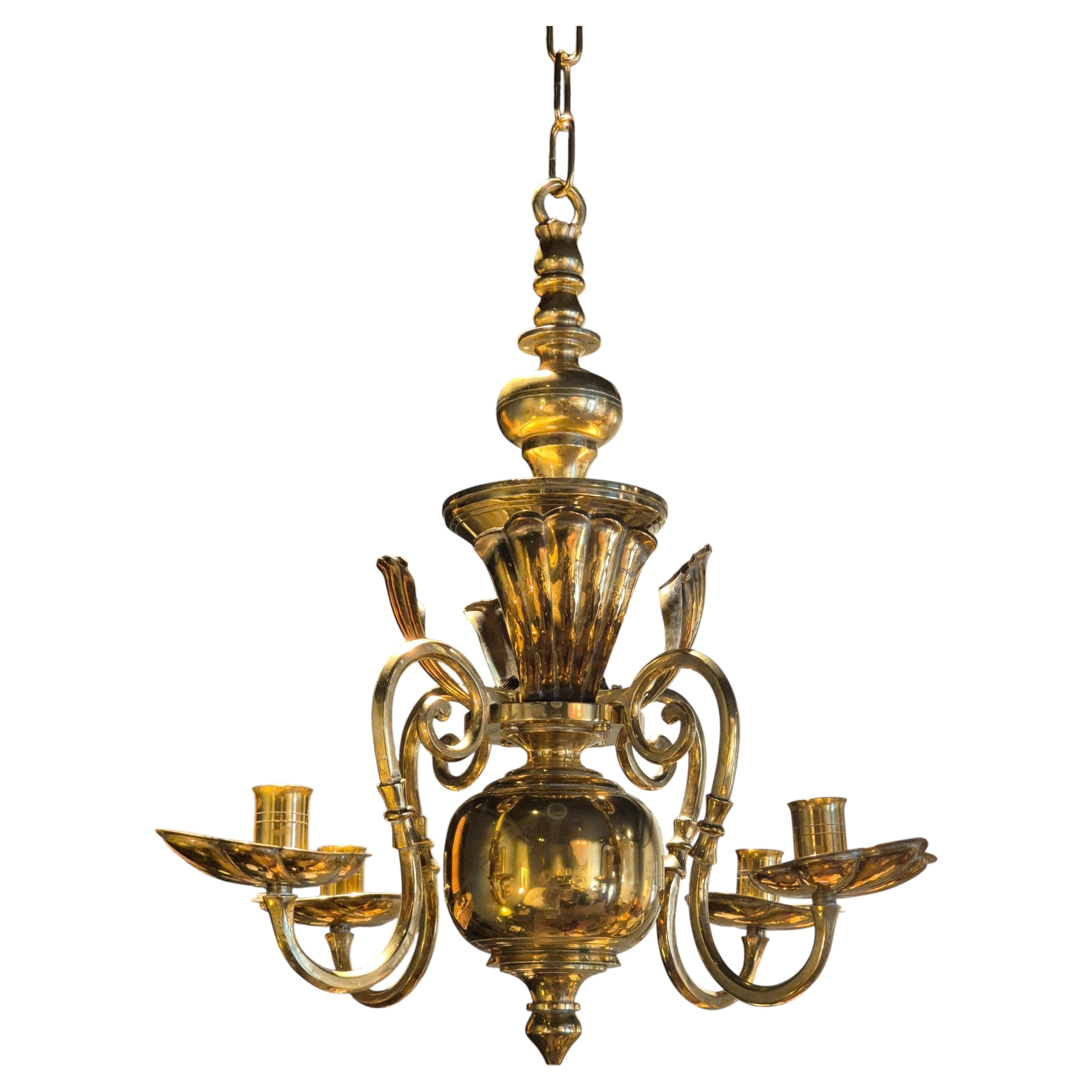 Classic Baroque style solid brass chandelier by Lars Holmström, Swedish 1940s. For Sale