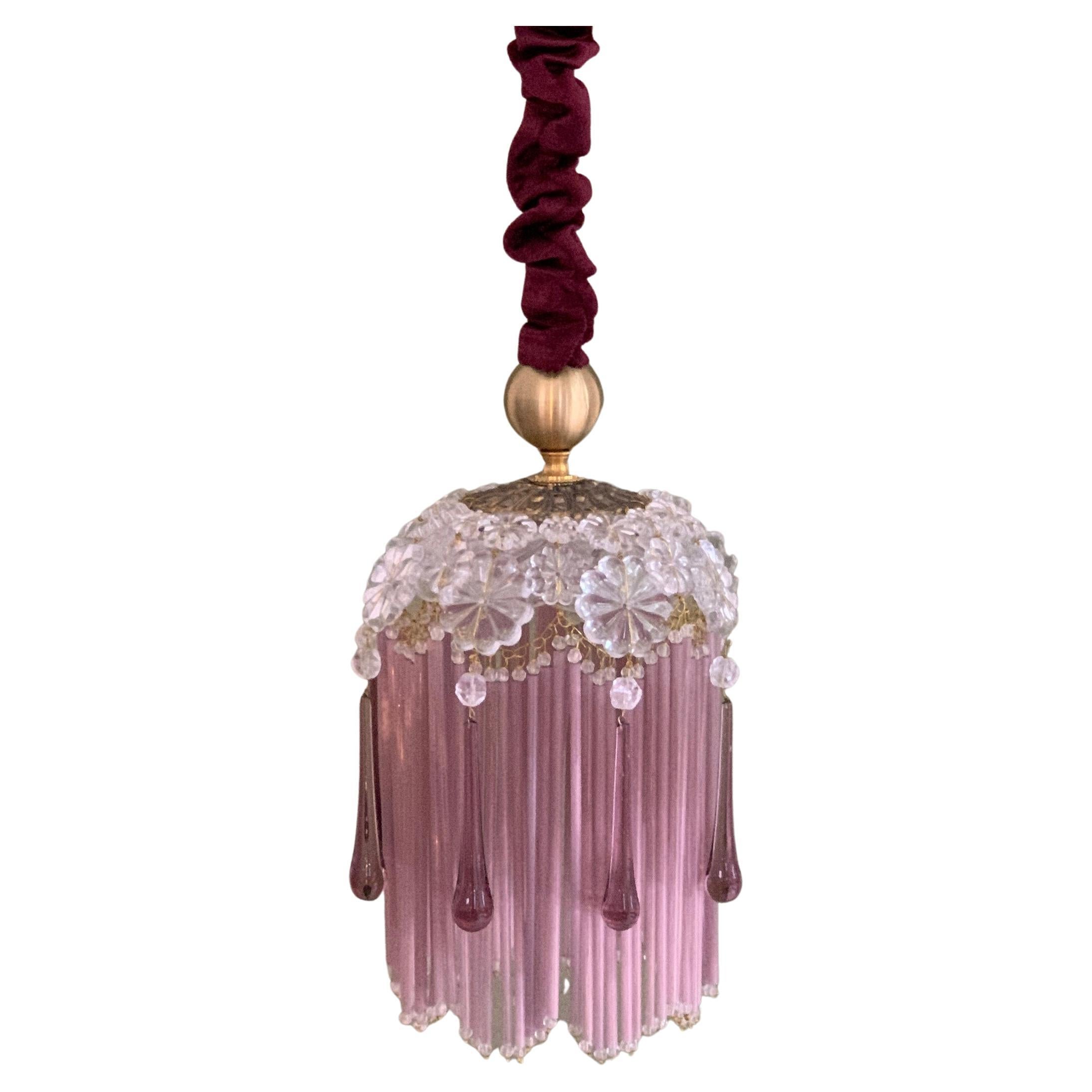 Contemporary Vintage Jokes Suspension Lamp Glass Velvet Brass Mauve Gold For Sale