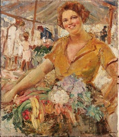 Antique Ekaterina Kachura-Falileeva (1886-1948) Signed OC "Capri's open market" ca. 1912