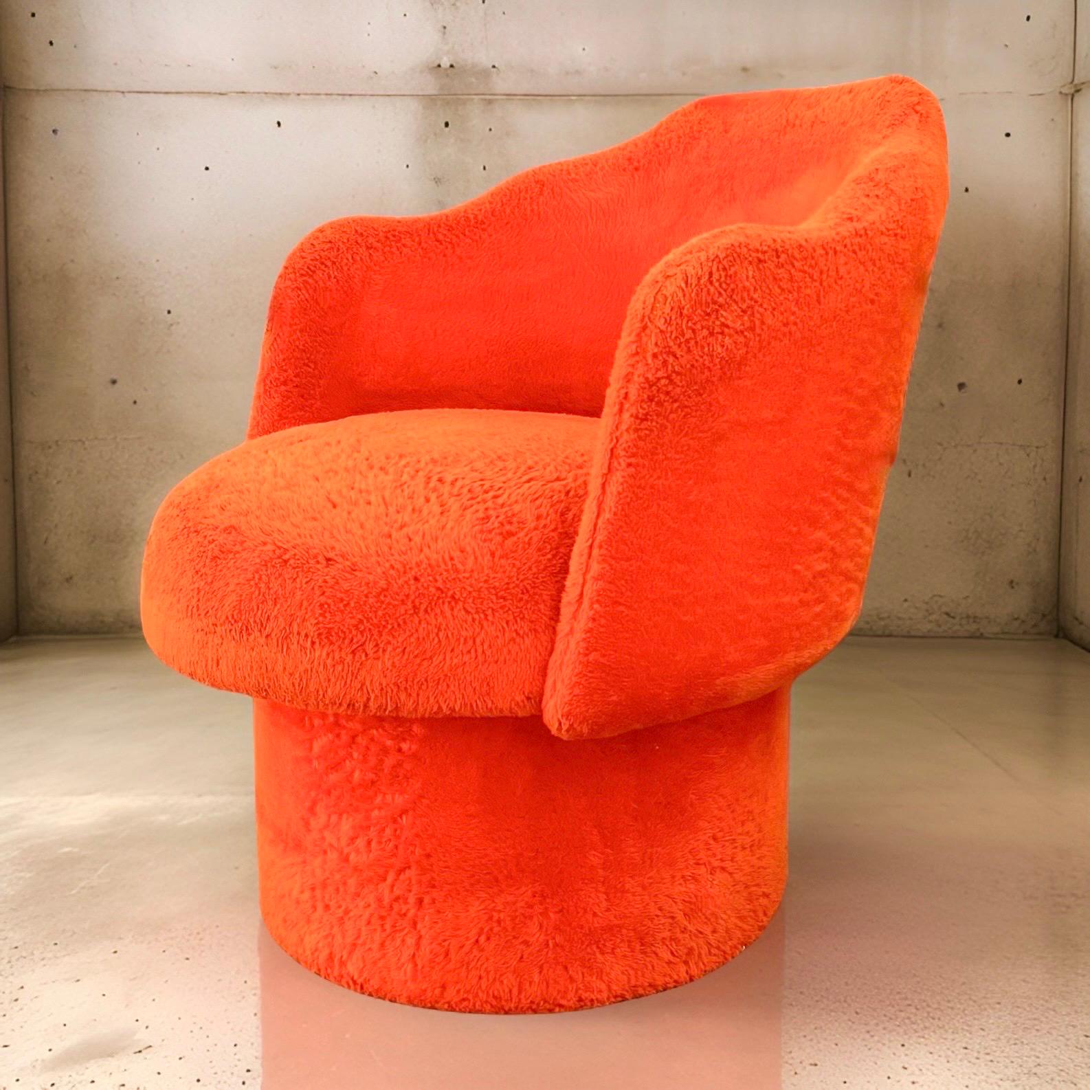 1960s Mid-Century Orange Swivel Barrel Lounge Chair in the Style of Adrian Pearsall. Features original tangerine-orange upholstery that is soft to the touch and has a shaggy flair - similar to boucle fabric but with a little more lift and softer