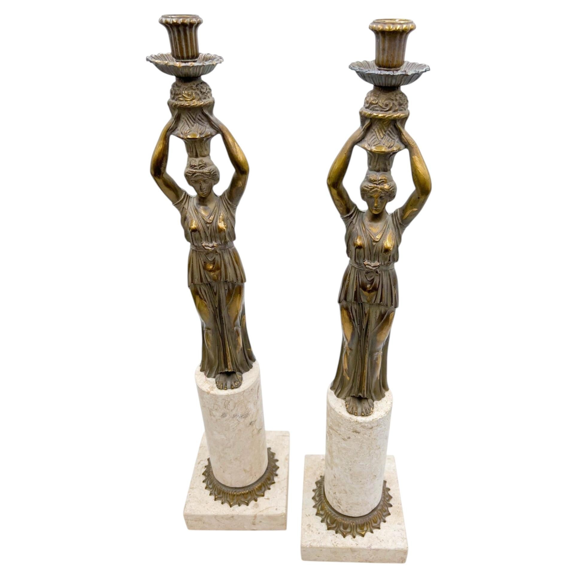 Pair of 24-Inch Neoclassical Bronze Caryatid and Limestone Candlesticks For Sale