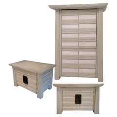 1980s Postmodern Asian-Style Reeded Armoire & Nightstands, Stone Inset