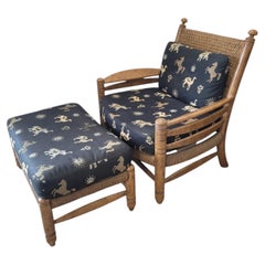 Maitland-Smith British Colonial Cane Lounge Chair & Ottoman, c. 1990