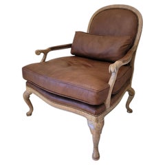 French Louis XV Revival Leather Fauteuil Lounge Chair with Pierced Fretwork Back