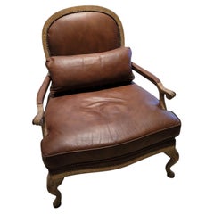 French Louis XV Revival Leather Fauteuil Lounge Chair with Pierced Fretwork Back
