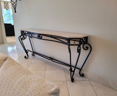 Monumental Spanish Revival Wrought Iron Console Table with Travertine Top
