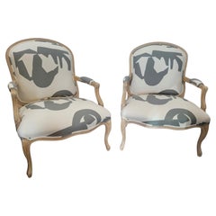 Pair of Oversized Kreiss Collection Limed Oak French Bergère Armchairs
